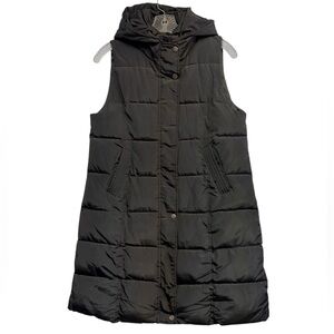 Kafuna Women's Longline Black Puffer Gilet Vest Hooded Quilted Sleeveless Medium